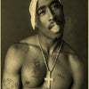 A portrait of Tupac featuring a white bandana and a gold chain, with visible tattoos on his chest.