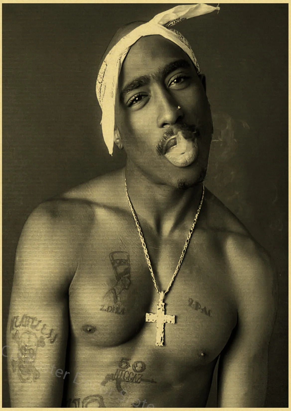 A portrait of Tupac featuring a white bandana and a gold chain, with visible tattoos on his chest.