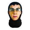 A realistic full-face cosplay mask worn by a person, featuring dark hair and glasses.