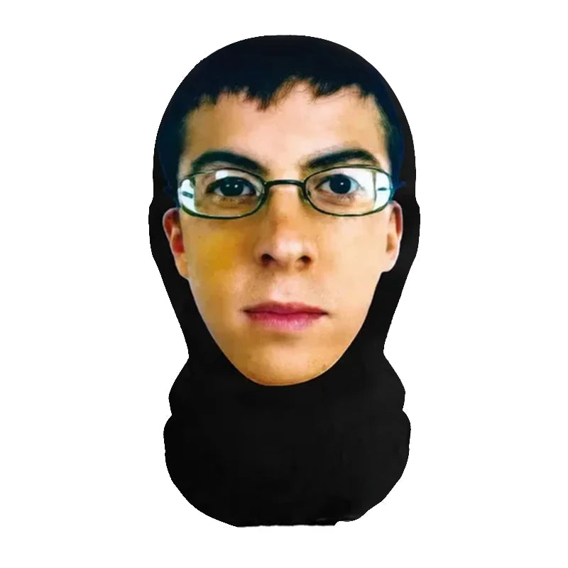 A realistic full-face cosplay mask worn by a person, featuring dark hair and glasses.
