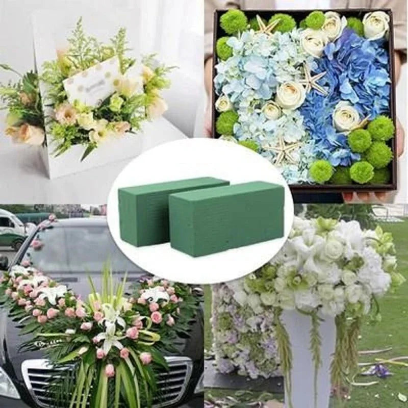 Green floral foam blocks used for party decor alongside various floral arrangements.