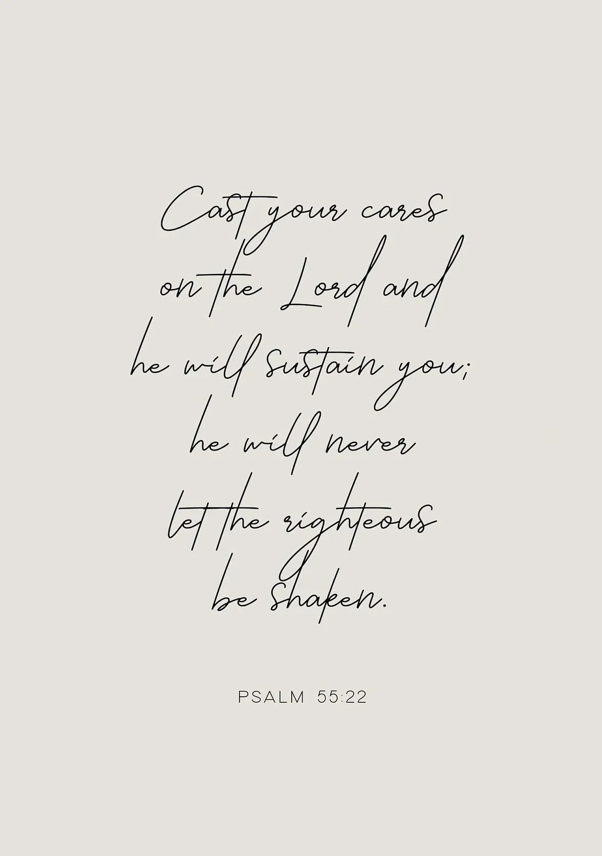 A light beige background with black script text of Psalm 55:22 encouraging trust in the Lord.