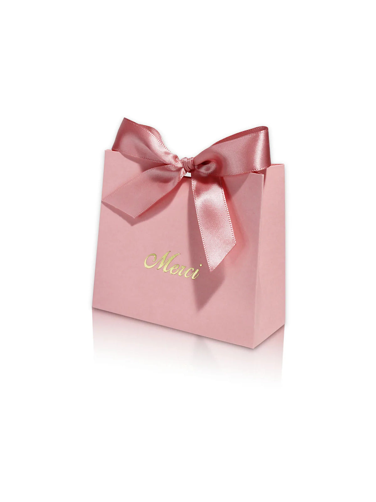 Pink paperboard thank you gift bags tied with a satin ribbon