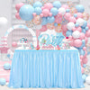 Light blue pleated polyester table skirt used for a party decoration setup with pink and blue balloons.