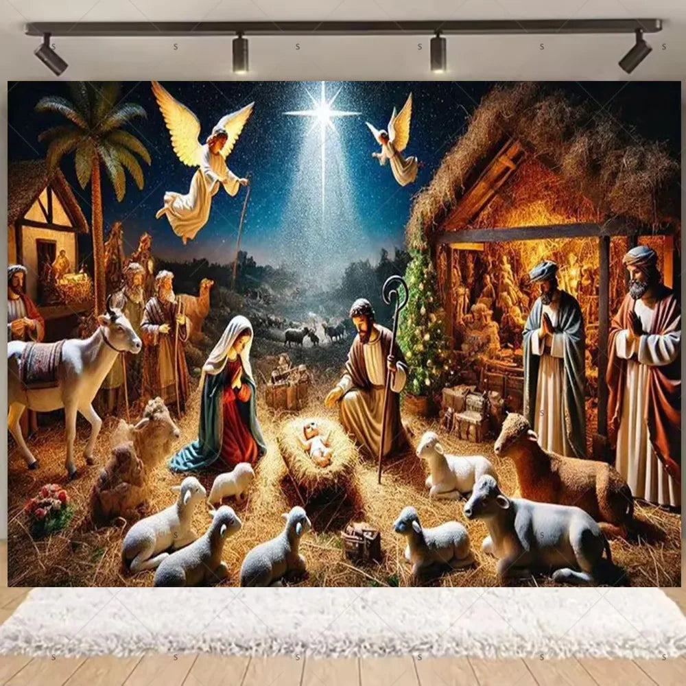 Starry Night Nativity Scene Backdrop for Christmas Celebrations