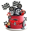A red racing car cake topper set featuring checkered flags and various metal wheels
