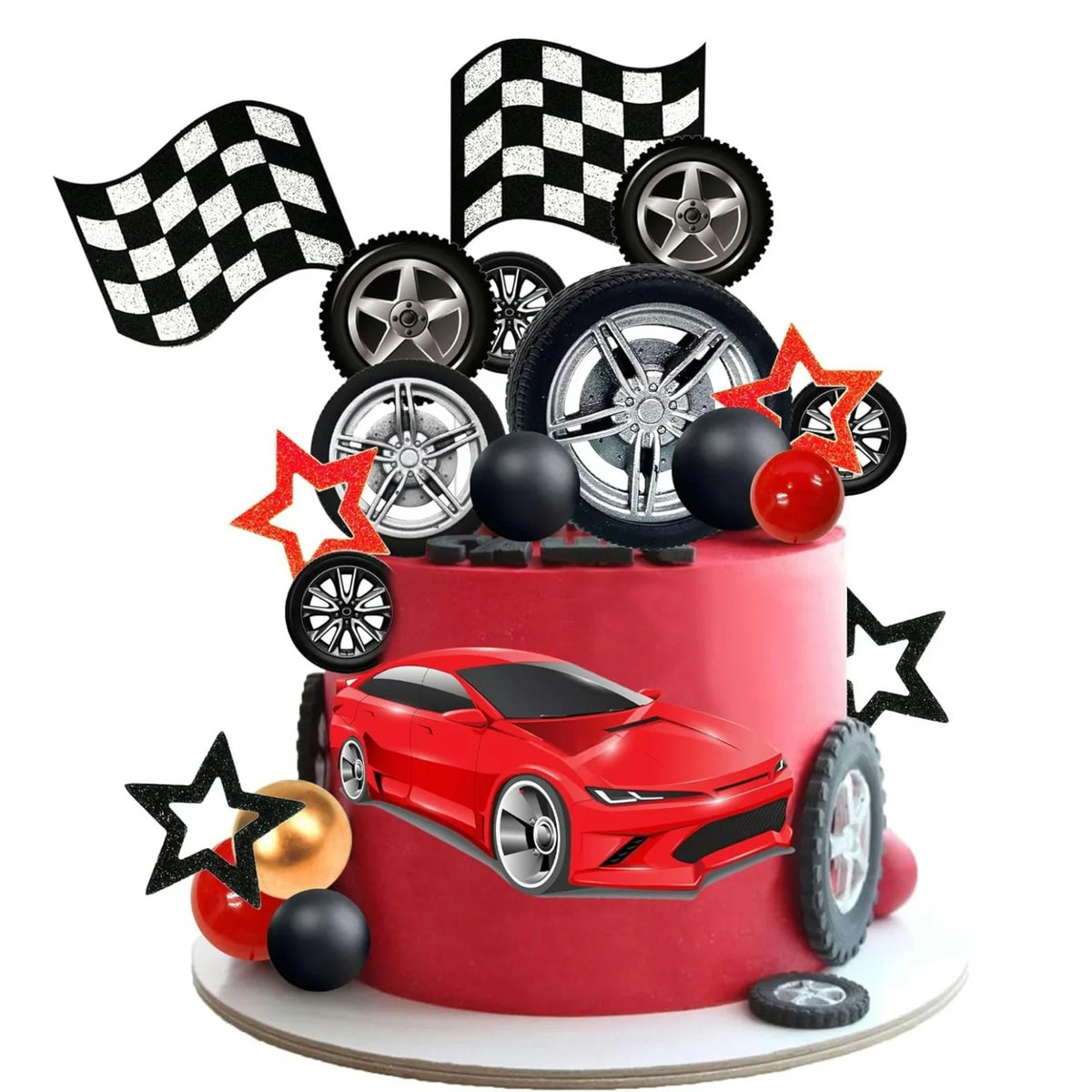 A red racing car cake topper set featuring checkered flags and various metal wheels
