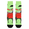 A pair of neon green crew socks featuring black and red skull, alien, and tiger print designs.