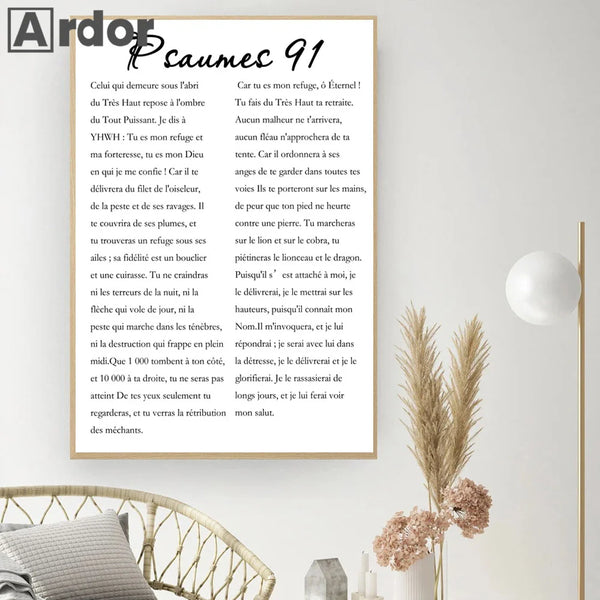 A canvas print featuring Psalm 91 scripture text on a light background.