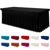 A set of stretch rectangle tablecloths in various colors including black, blue, red, and pink.