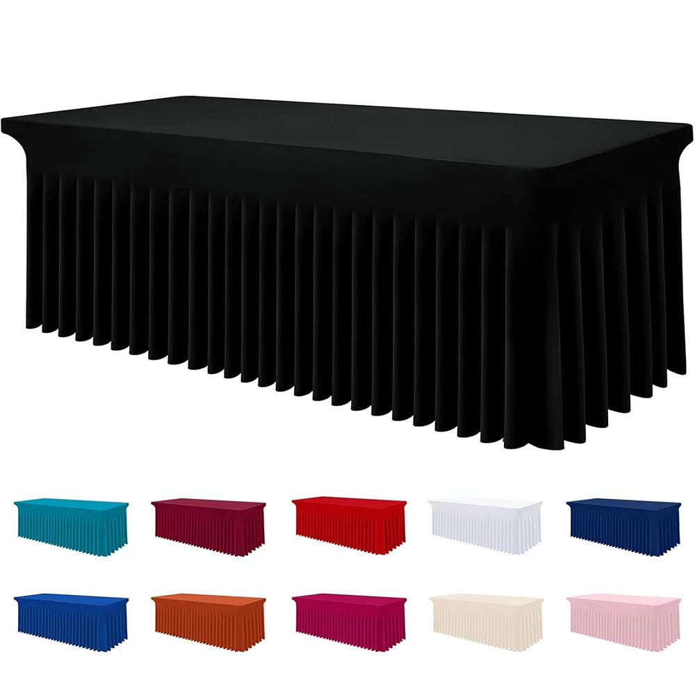A set of stretch rectangle tablecloths in various colors including black, blue, red, and pink.