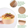 Disposable kraft paper lunch bowl with a lid showing its smooth, round top and embossed bottom for strong adhesion.
