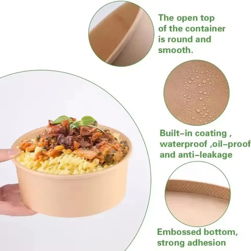 Disposable kraft paper lunch bowl with a lid showing its smooth, round top and embossed bottom for strong adhesion.