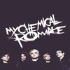 A black and white photo of five people posing in front of a stylized My Chemical Romance band logo.