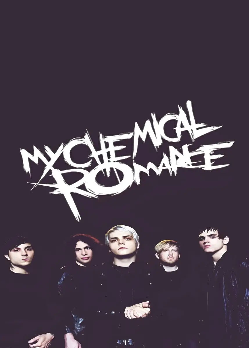 A black and white photo of five people posing in front of a stylized My Chemical Romance band logo.