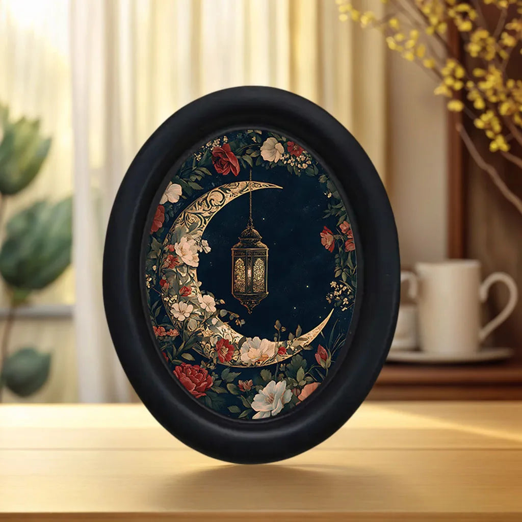 Dark blue wall art featuring a detailed crescent moon and floral design in gold and deep red tones.
