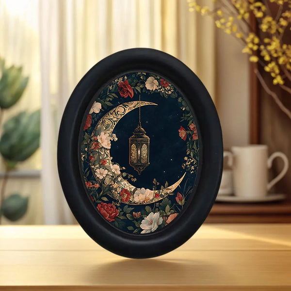 Dark blue wall art featuring a detailed crescent moon and floral design in gold and deep red tones.