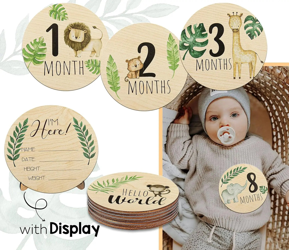 Wooden keepsake sign set featuring numbered months and a baby photo display