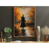 Canvas wall art depicting a dark witch in a cloak standing in a misty forest with autumn foliage.