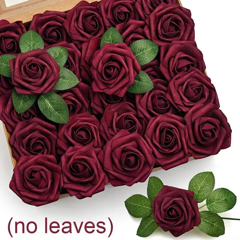 A box filled with deep burgundy foam rose flower heads for weddings and DIY crafts.