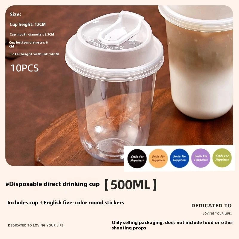 A pack of 10 clear disposable drinking cups with lids shown next to a white cup.