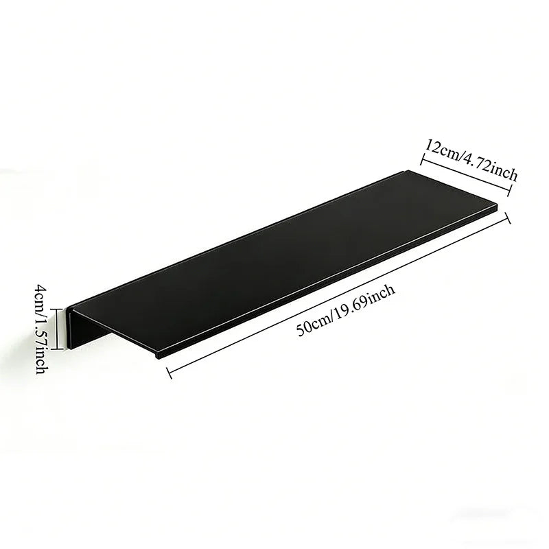 A black aluminum floating wall shelf measuring 50cm long and 12cm deep.
