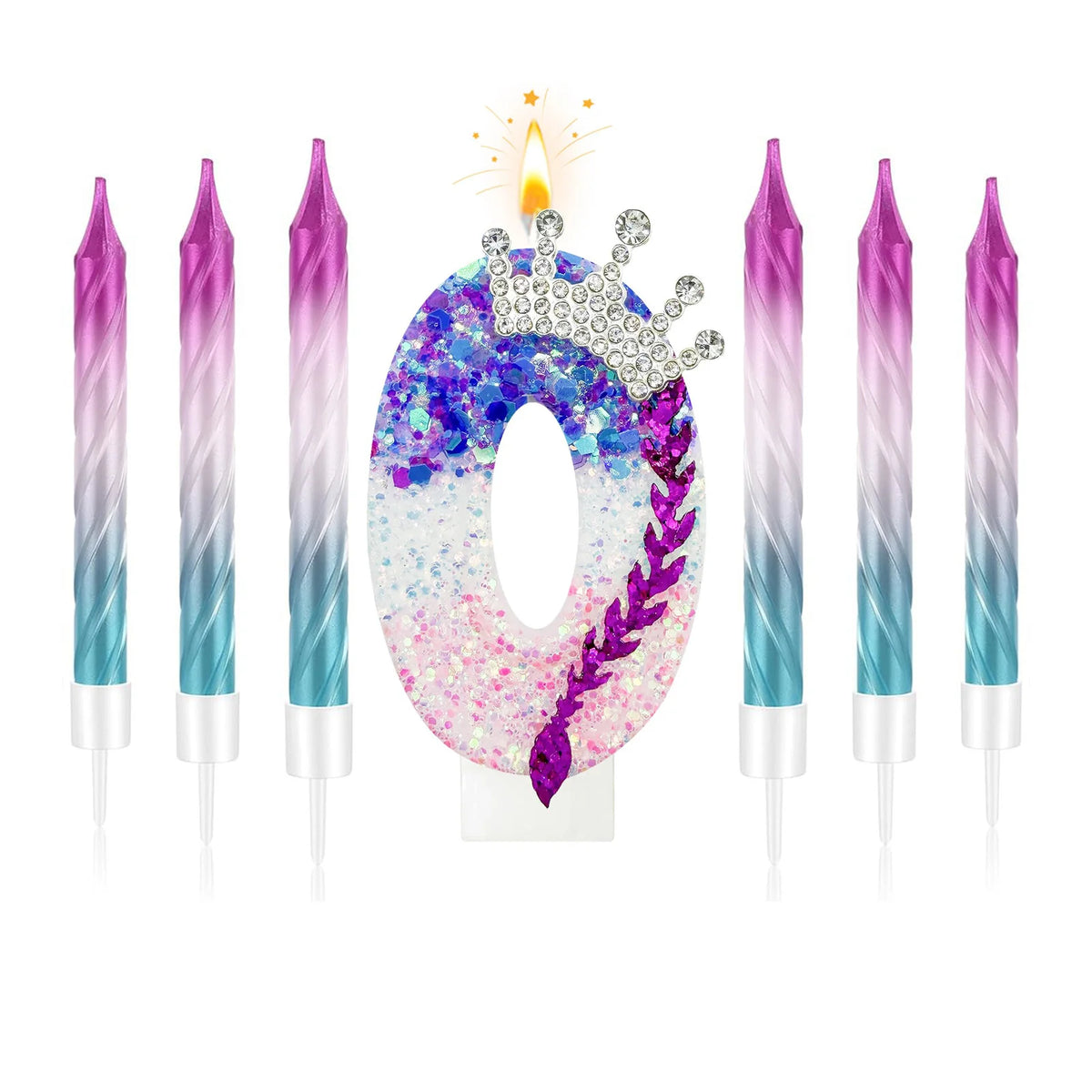A set of gradient sparkle birthday candles shaped like the number zero, featuring purple and blue colors.