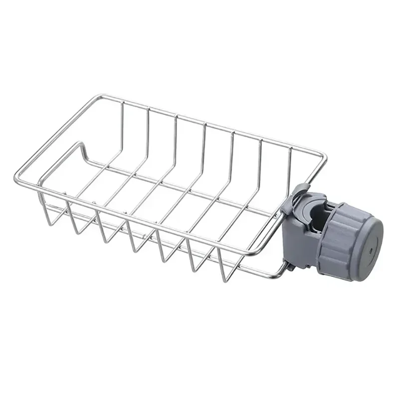 Faucet-mounted kitchen organizer featuring a sponge holder and drying rack made of stainless steel.