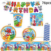 A set of colorful building block birthday party decorations including a banner, cups, cards, and a large banner featuring cha