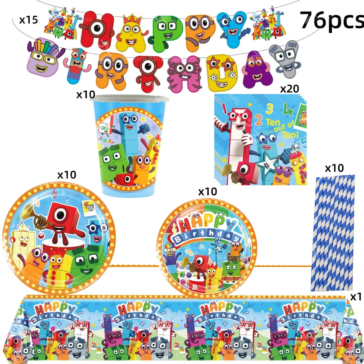 A set of colorful building block birthday party decorations including a banner, cups, cards, and a large banner featuring cha
