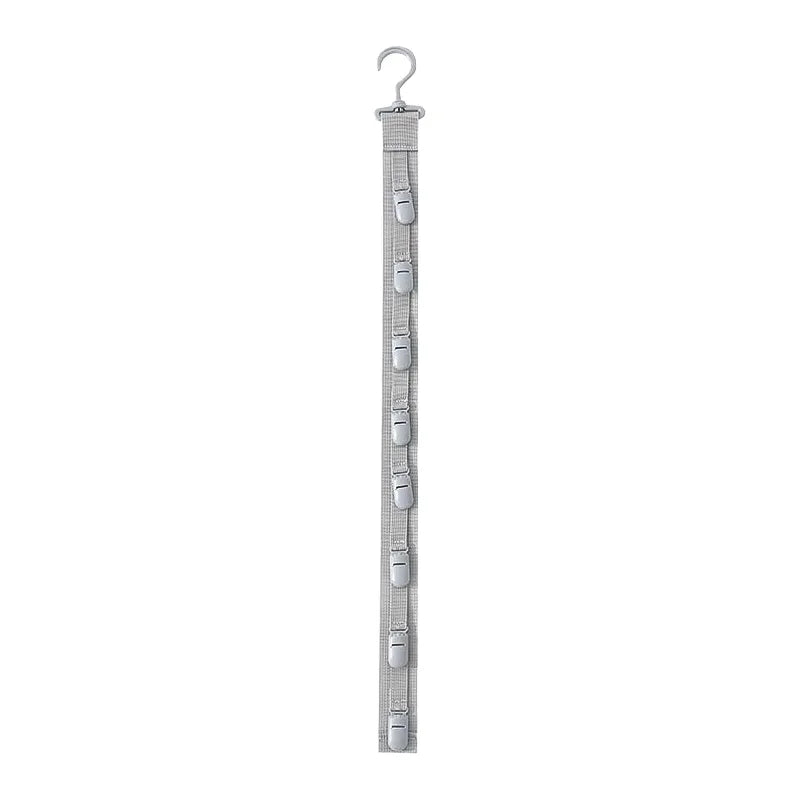 A silver hanging hat organizer rack with a hook and multiple straps for closet storage.