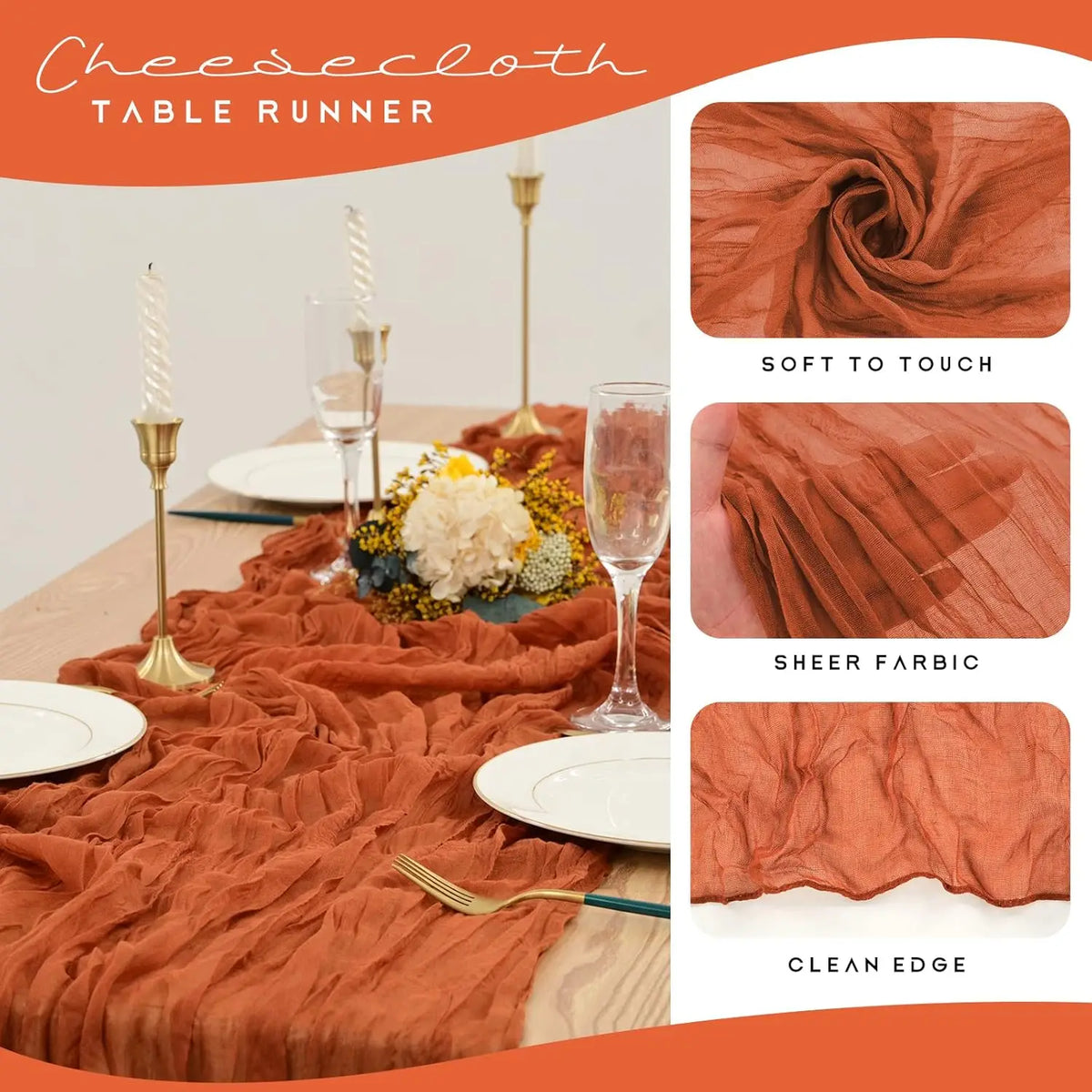 Terracotta semi-sheer cheesecloth table runner set featuring soft touch fabric and clean edges.