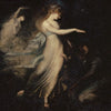 A dark painting featuring a female figure reaching out in a dramatic, moody style.