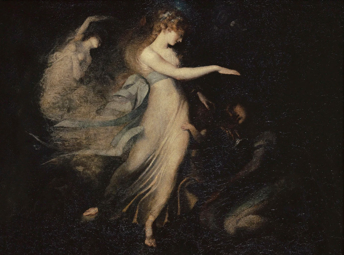 A dark painting featuring a female figure reaching out in a dramatic, moody style.