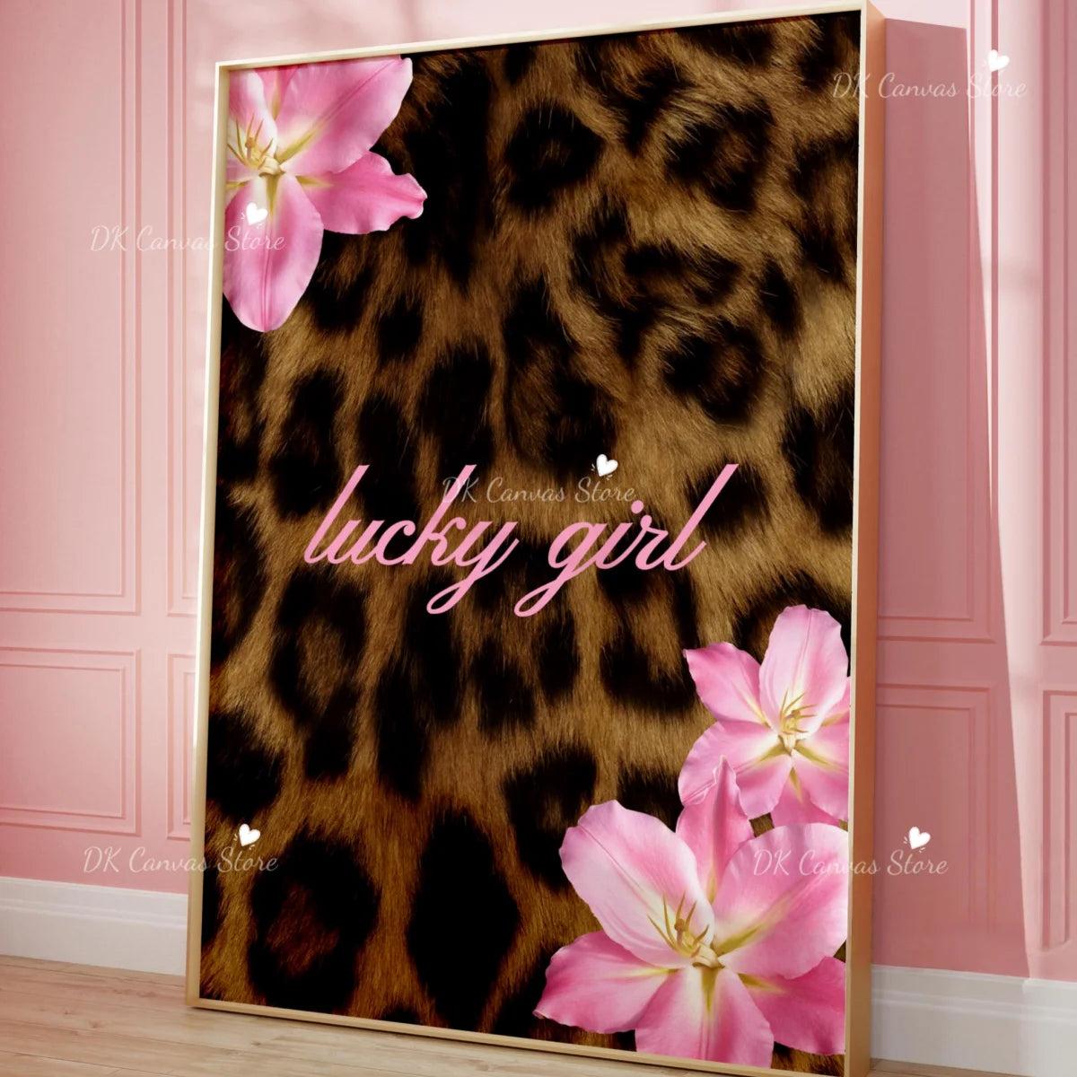 Pink leopard hibiscus canvas wall art featuring a floral design on a dark brown background