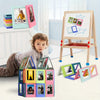A collection of retro magnetic photo frames and a wooden easel display various photos.