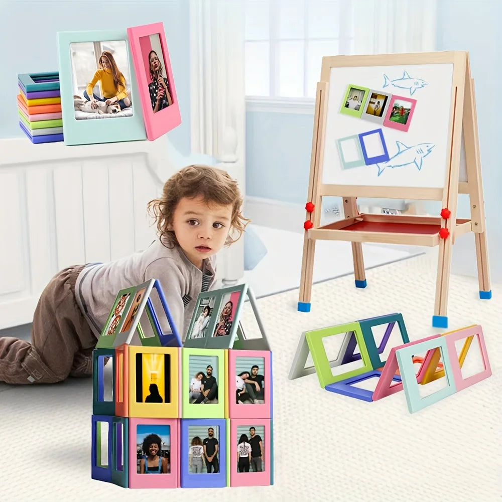 A collection of retro magnetic photo frames and a wooden easel display various photos.