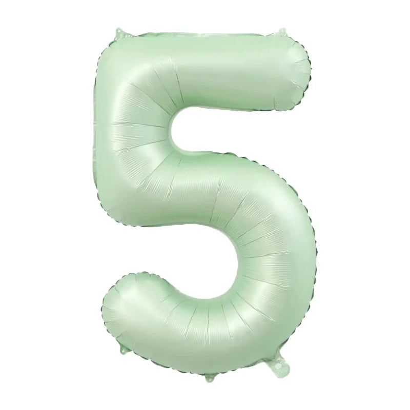 A light mint green foil number balloon shaped like the numeral five.
