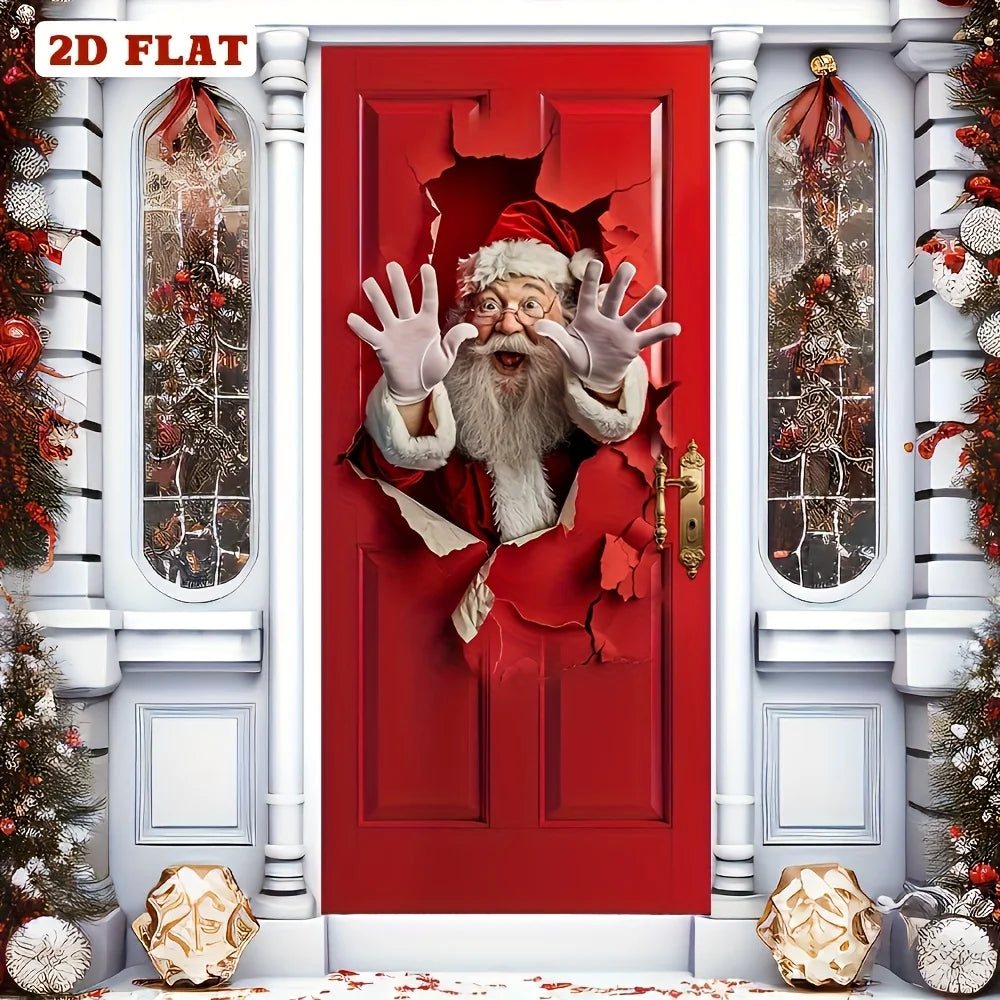 A festive red door decorated with a cutout of Santa Claus's face and beard for holiday parties