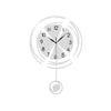 A modern circular wall clock face showing the time, with a pendulum hanging below.