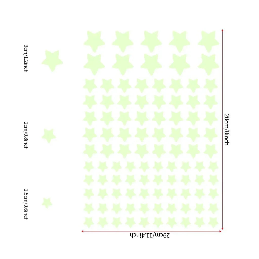 A grid of light green glow-in-the-dark star wall decals with various sizes displayed against a measurement scale.