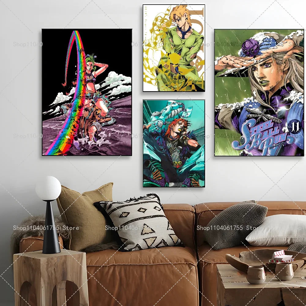A set of three JoJo's Bizarre Adventure anime posters featuring characters like Jotaro Kujo and Josuke Higashikata
