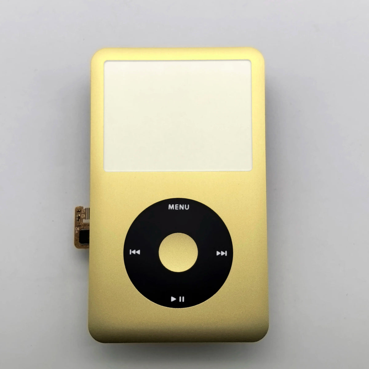 A gold-colored iPod Classic front faceplate with a black menu clickwheel visible.