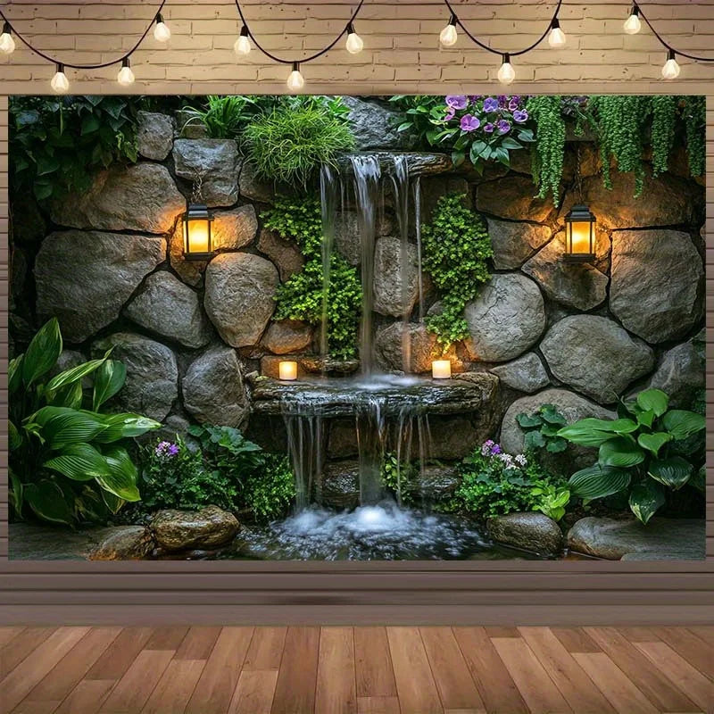 A realistic tapestry featuring a stone waterfall cascading over greenery and illuminated by warm lights.