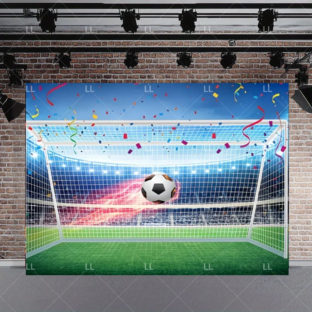 A vibrant soccer field backdrop featuring a goal net, a football in mid-air, and confetti against a brick wall.