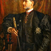 A portrait painting of a man in dark attire holding a sword against a reddish-brown background.