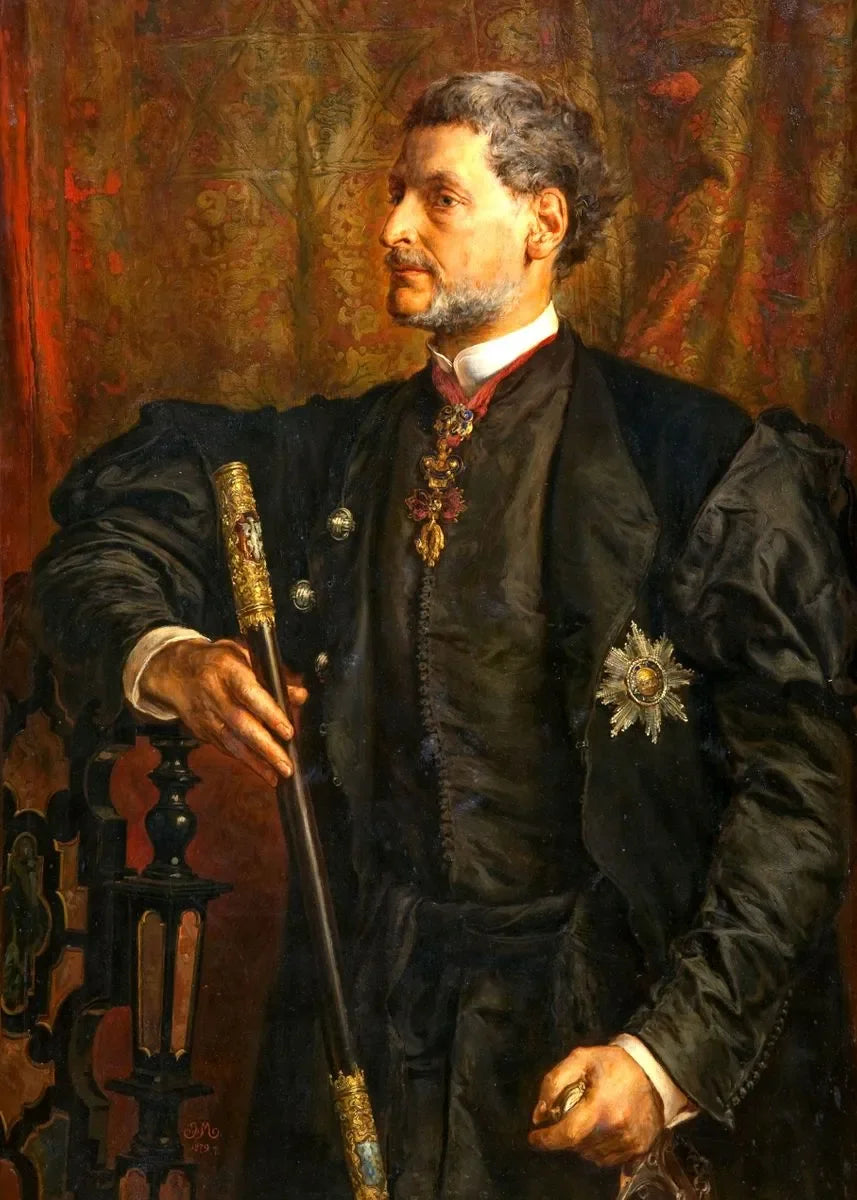 A portrait painting of a man in dark attire holding a sword against a reddish-brown background.