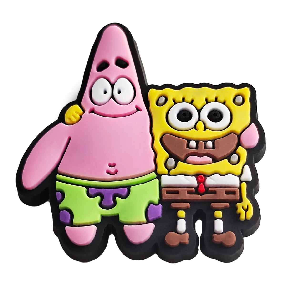 A set of two pink and yellow SpongeBob SquarePants themed shoe charms.