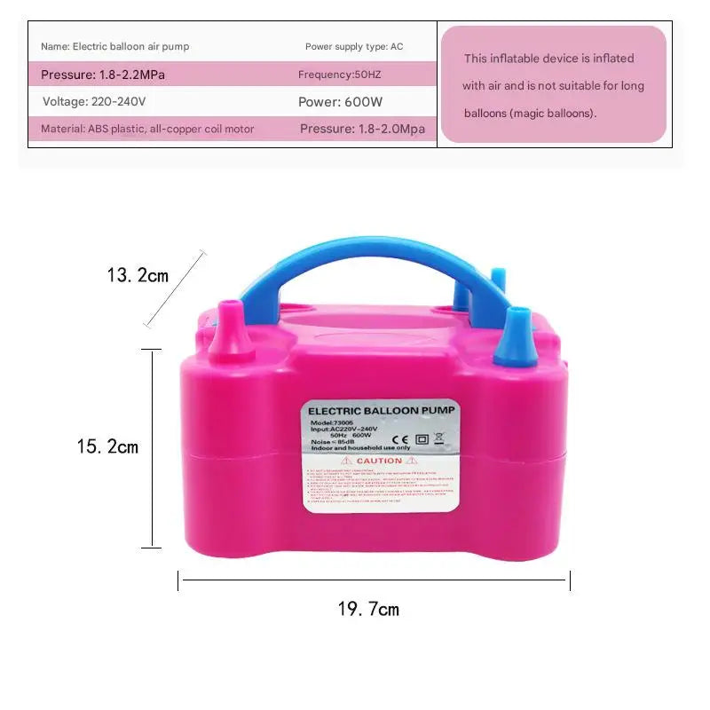 A pink electric balloon pump device shown with specifications and dimensions.