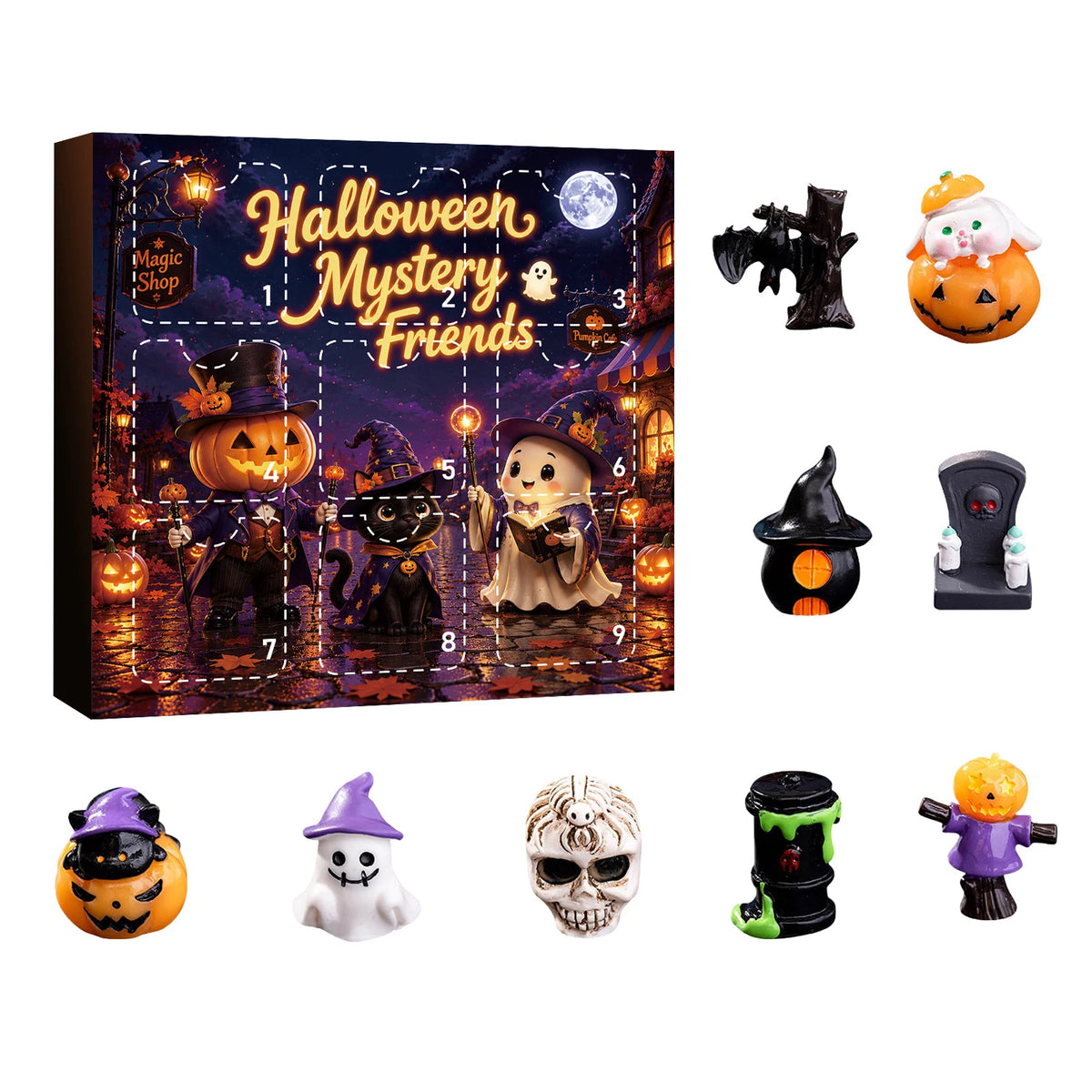 Halloween Mystery Friends advent calendar featuring nine spooky resin figurines and a decorative box.